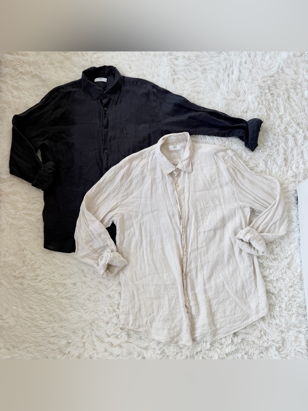 Men’s Uniqlo Linen Button-Up Shirts — Black and Cream, XL